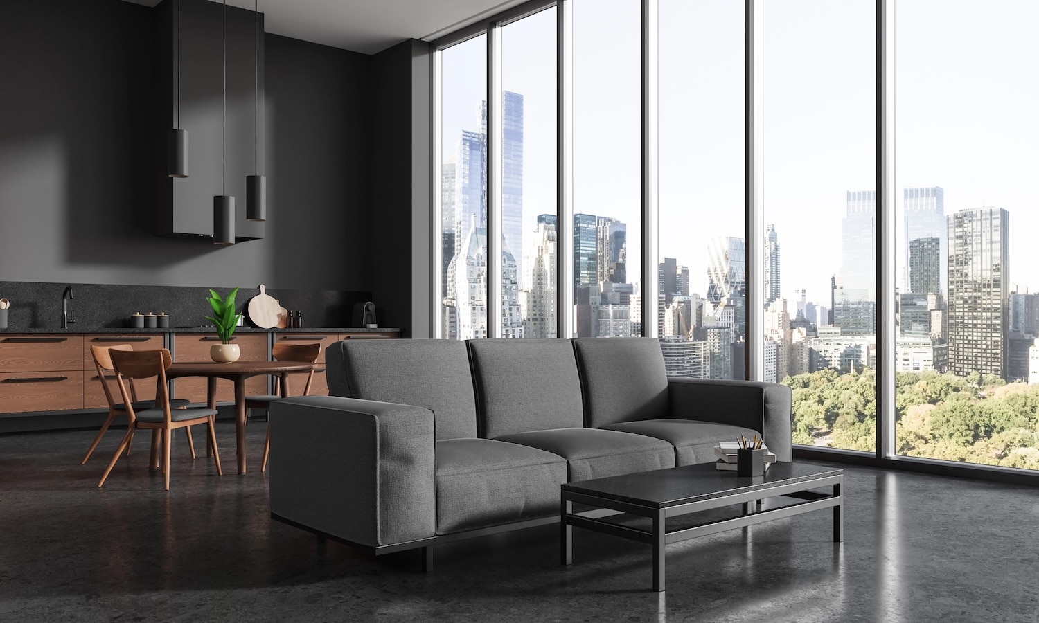 Dark hotel apartment interior with couch and eating table with cabinet shelves, side view. Dining and relax place with panoramic window on New York skyscrapers.