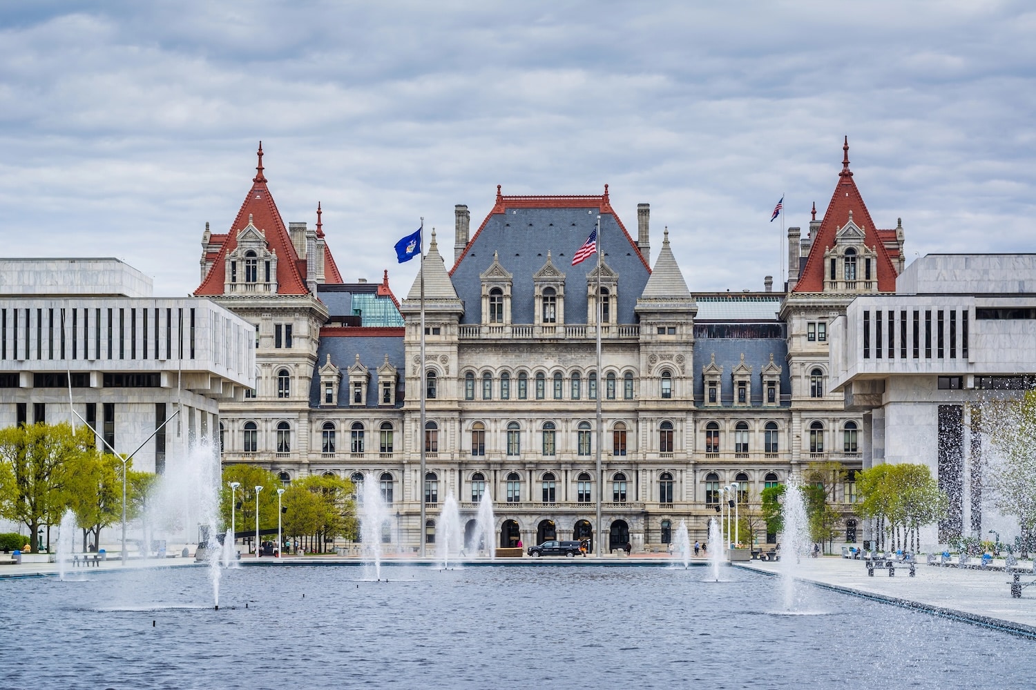 Fountains and the exterior of the New York State Capitol, in Albany, New York.